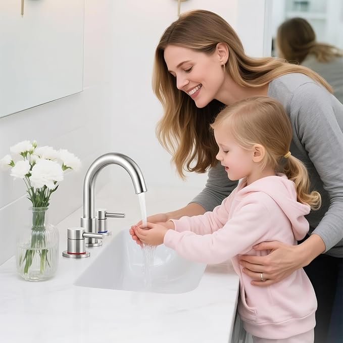 Bathroom Faucet 3 Hole, Brushed Nickel Bathroom Sink Faucet with Pop Up Drain, 8 inch Widespread Bathroom Faucet with 360° Swivel Spout, 2 Handle Vanity Faucet with Water Supply Hoses