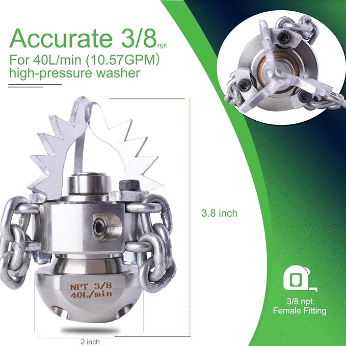 3/8 NPT Sewer Jetter Rotating Nozzle - Cutting Roots, for 2900 psi, 40L/Min (10.57GPM) Pressure Washers, Stainless Steel Drain Cleaning Tool, for Household sewers, Commercial Pipelines