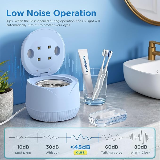 Dental Ultrasonic Retainer Cleaner Machine: 45kHz Dental Cleaning Pod with Digital Timer & 200ML, Cleaning for Dentures, Mouth Guards, Aligners, Night Guards, Braces, Toothbrush Heads & Jewelry, Blue