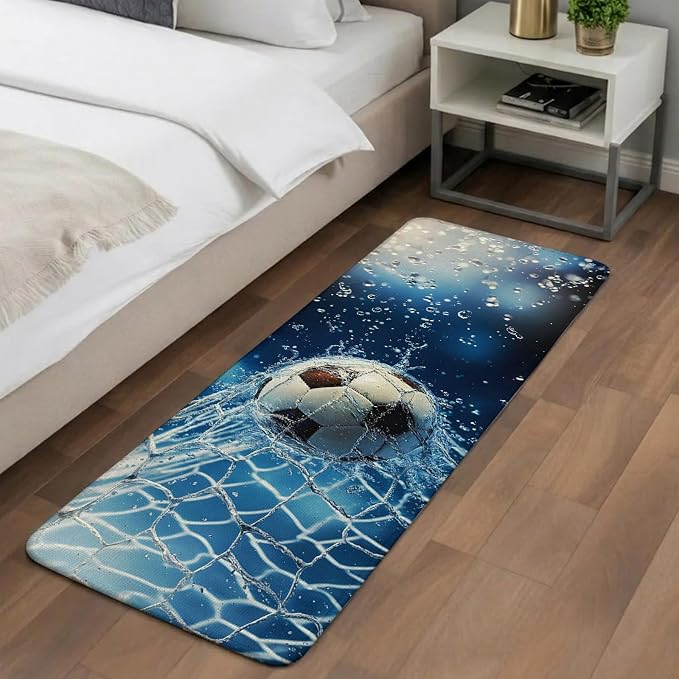 Hallway Runner Rug Indoor Outdoor 19.7"x63", Soccer Ball Absorbent Non Slip Floor Rug, Wet Net Power Shot Blue Football Low Profile Door Mat for Double Door Kitchen Laundry Room Corridor Mudroom
