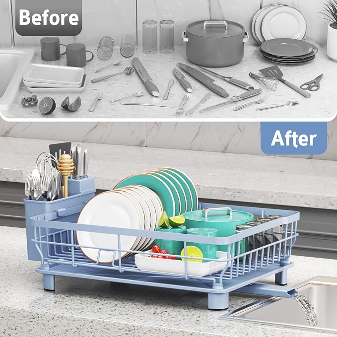 Dish Drying Rack for Kitchen Counter,12.8" W x 16.9" L,Blue | Space Saving Dish Rack, Self-Draining Drainboard, Rustproof Dish Drainer, Removable Utensil Holder