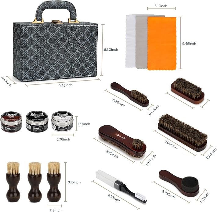 Shoe Care Kit - 16pc, Blue: Premium Deluxe Shoe Polish Kit - Black, Brown & Neutral Polish, Horsehair Brushes, Buffing Cloth & More for Leather Shoes & Boots Care