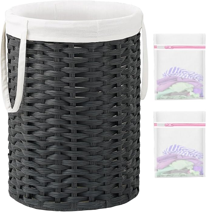 SETVSON Laundry Hamper Laundry Basket Round 19.0 Gal (72 L) Handwoven Rattan Hamper, Large Wicker Laundry Hamper with Removable Laundry Bag Handles 2 Mesh Bags for Bathroom Living Room Black (No Lid)