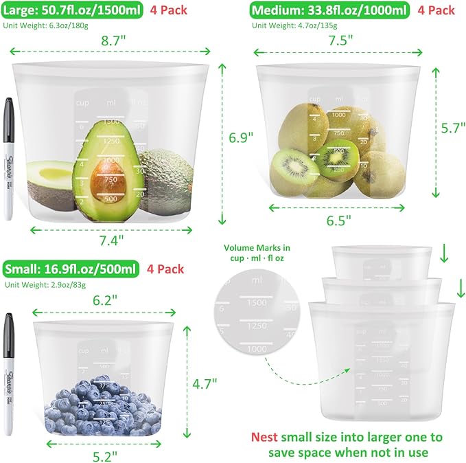 100% Platinum Silicone Reusable Storage Bags, 12 Pack, Premium Silicone Food Storage Bag Stand-Up Wide-Mouth Zip-Lock, Microwave Dishwasher Safe, 4 M + 4 S + 4 XS, Crystal-Clear