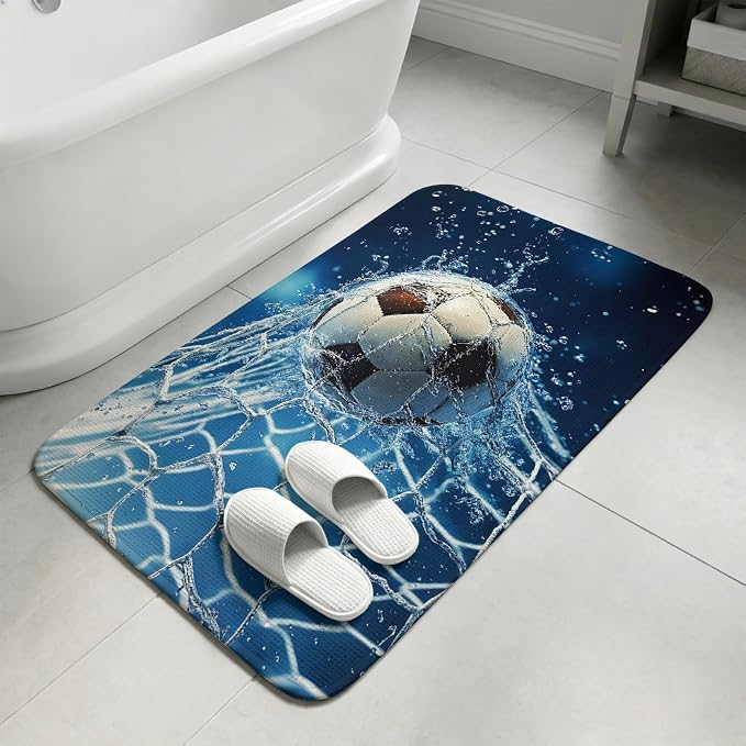 Soccer Ball Bathroom Rugs Non Slip Washable Bath Mat Absorbent Low Pile Front Door Mat Wet Net Power Shot Blue Football Indoor Doormat for Kitchen Entryway Shower Decor Accessories 19.7"x31.5"