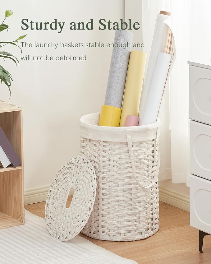 SETVSON Laundry Hamper with Lid Laundry Basket with Lid 72L, White | 19 Gal Round PE Rattan Hamper with Lid, Removable Washable Liner Bag, 2 Mesh Wash Bags, Steel Frame, Handles