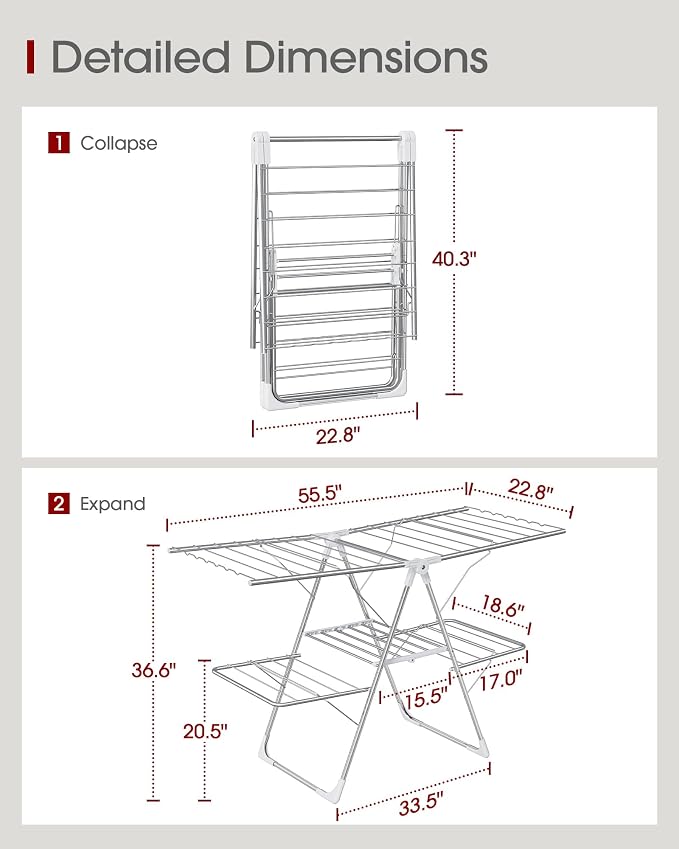 Sakugi Clothes Drying Rack, Foldable 2-Level Laundry Drying Rack with Height-Adjustable Wings, for Clothing & Bedding, Free-Standing Space-Saving Rack, Indoor & Outdoor, 55.5"L × 22.8"W, Silver White