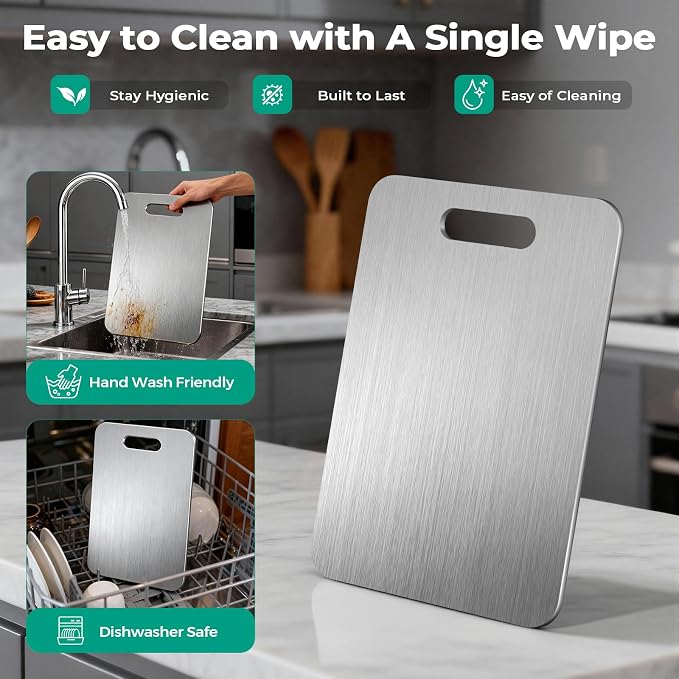 Katori Titanium Cutting Board - Upgraded 100% Pure Titanium Cutting Boards for Kitchen Non Toxic, Double Sided Food Grade Hygiene Non Moldy Dishwasher Safe Meat Fruit Metal Board (2PC 9x13.5 Inch)