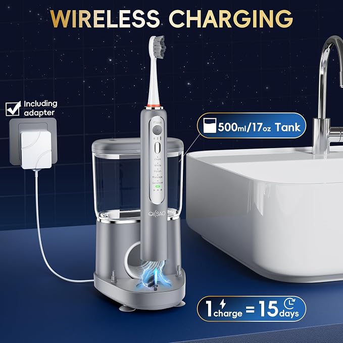 Electric Toothbrush with Water Flosser Combo,Sonic Flossing Toothbrush Gray | 3-in-1,5 Brush Modes,500ML Tank,Gum Care,Braces Friendly ,Bridge Cleaning Sonic Toothbrush & Water Flosser Combo