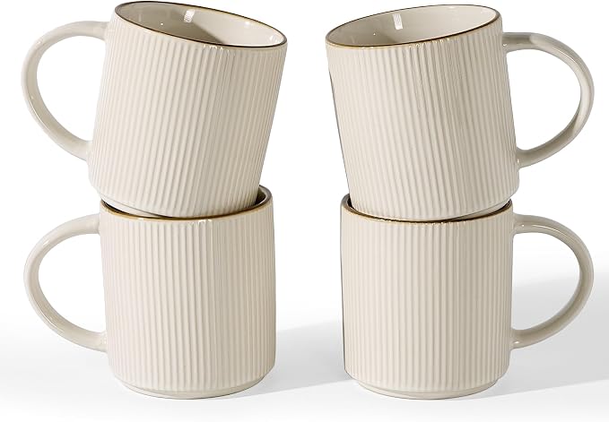 famiware Coffee Mug Set for 4, Star 16 oz Catering Mugs Cup Set with Handle for Coffee, Tea, Cocoa, Milk - Ceramic Stoneware Drinkware Set, White