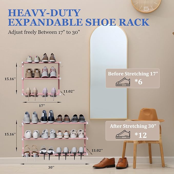 Wall Mounted Shoe Rack, 3 Tier Hanging Shoe Rack Holds 12 Pairs, 17"-30" Adjustable Heavy Duty Metal Shoe Organizer Holder with 2 Storage Hooks, Space Saving for Closet Entryway Doorway（Pink