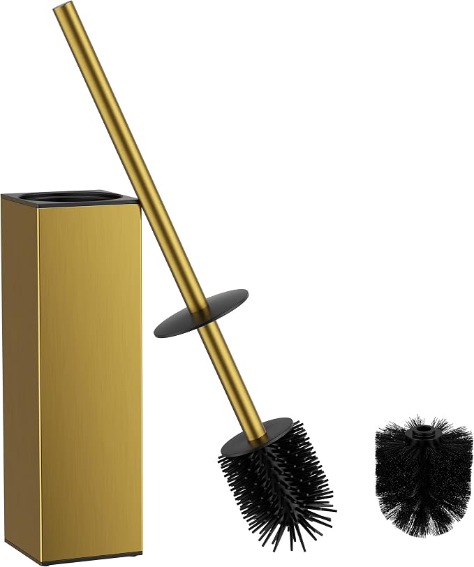 FORIOUS Tall Toilet Brush and Holder Set, Heavy Duty 304 Stainless Steel Base Square and Long Handle for Bathroom Deep Cleaning, Drip-Proof, Space Saving for Storage, 2 Toilet Bowl Brush Head, Gold