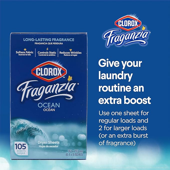 Clorox Fraganzia Fabric Softener Dryer Sheets Wrinkle Reducing Anti Static Softens Fabrics Fresh Smelling Clothes Fresh Ocean Scent 105 Count 6 Pack Household Bulk Value Extended Household Laundry