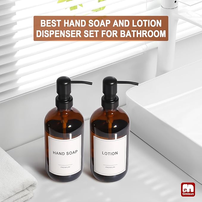 GMISUN Amber Glass Soap Dispenser, 6 Pack Bathroom Hand Soap Dispensers with Stainless Steel Pump, 17 Fl Oz Kitchen Hand and Dish Soap Dispenser Set, Modern Vintage Liquid Brown Soap Dispensers Bottle