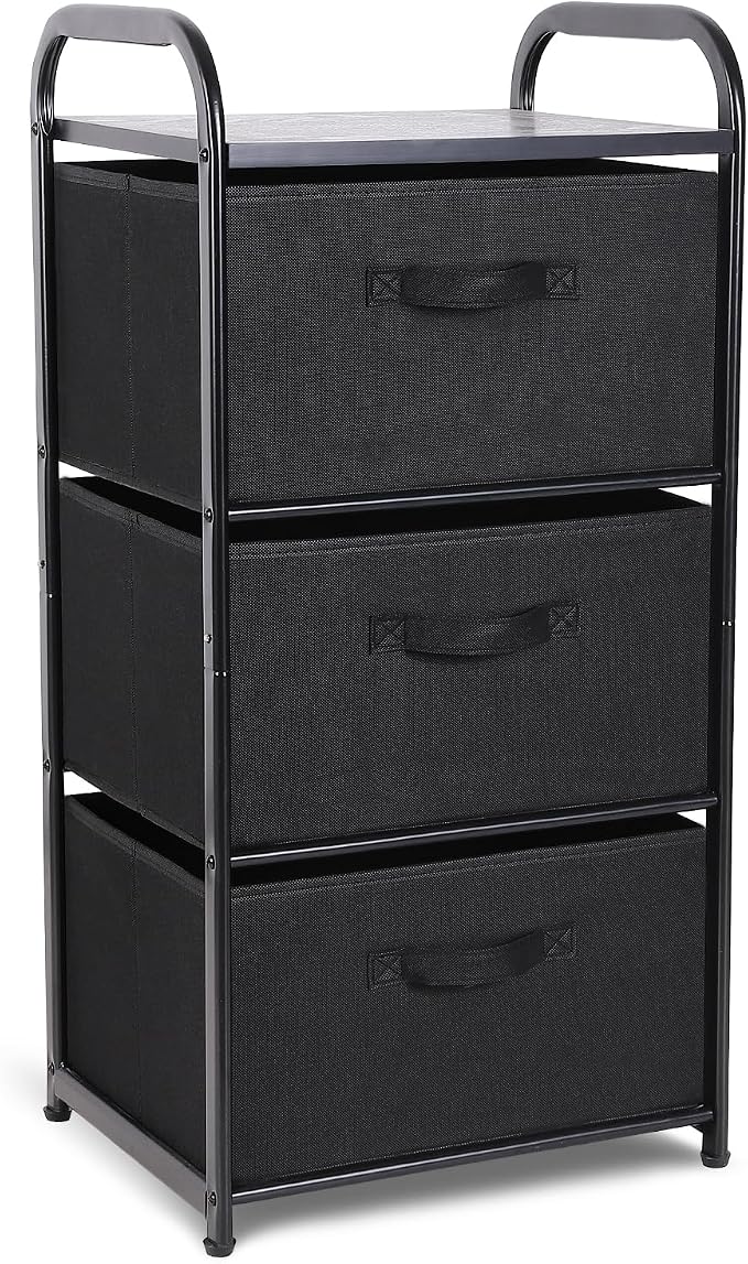 MAX Houser Dresser Storage with 3 Fabric Drawers, Black | Vertical Storage Unit for Bedroom,Chest of Drawers with Metal Frame, Wooden Tabletop, for Living Room, Closet