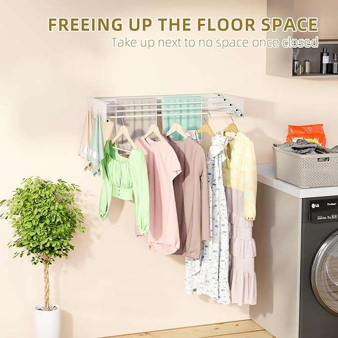 BAKON Wall Mounted Clothes Drying Rack 23.6'',Space Saving for Laundry Room | Heavy Duty Foldable Drying Rack Clothing for Hanging Towel, 60lbs Capacity, 4 Towel Hooks and 4 Rods