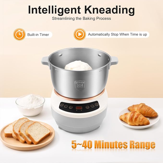 5L/169.09Oz Electric Dough Maker, 200W Household Dough Mixer Machine Complete Kit,170Rpm 304 Stainless Steel Commercial Tabletop Stand Mixers w/Measuring Cup, Measuring Spoon (Silver)