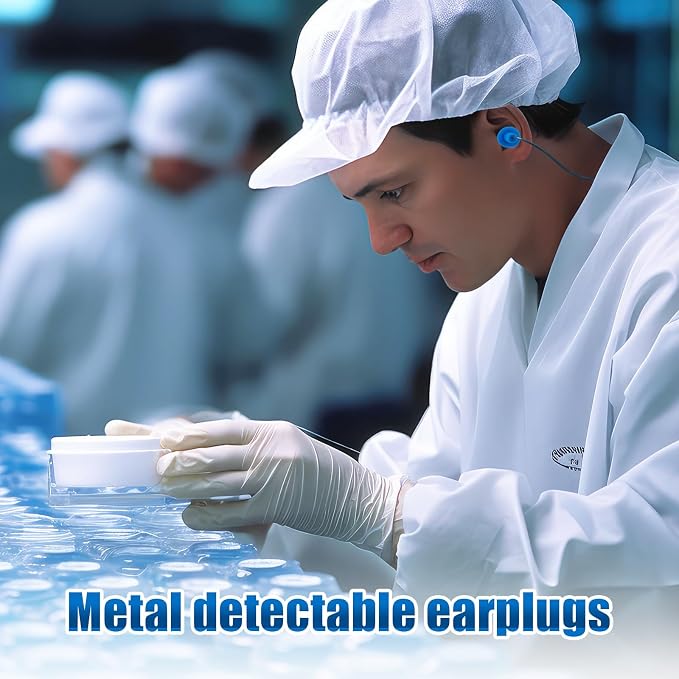 Blulu 100 Pair Metal Detectable TPR Corded Ear Plugs Bulk Blue Disposable Earplugs with Detectable String Noise Cancelling Sound Blocking for Food Services Industry Pharmaceutical Pulp and Paper