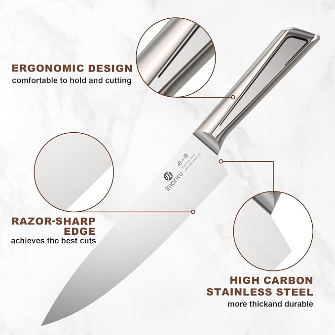 imarku High Carbon Stainless Steel Gyutou Knife Set with Block, Precision-Forged Razor Sharp 10–15° Edge, Ergonomic Non-Slip Handle, Built-in Sharpener, Brown, Best Gift Choice, Cooking Enthusiasts