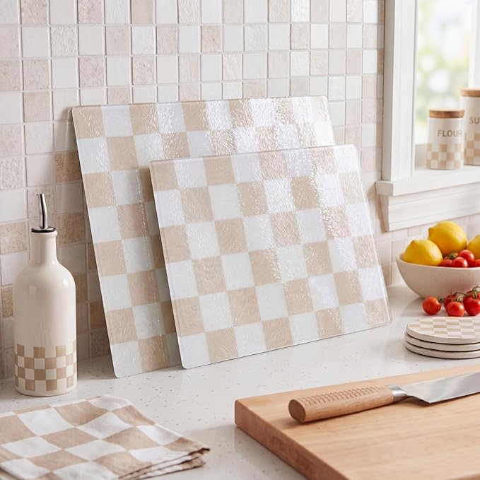 Thenshop Set of 2 Tempered Glass Cutting Boards Beige Check Countertop Cutting Boards Heat Resistant, with Non-slip Feet for Kitchen Counter Housewarming Wedding Gift 7.9x11inch+11x15 Inch