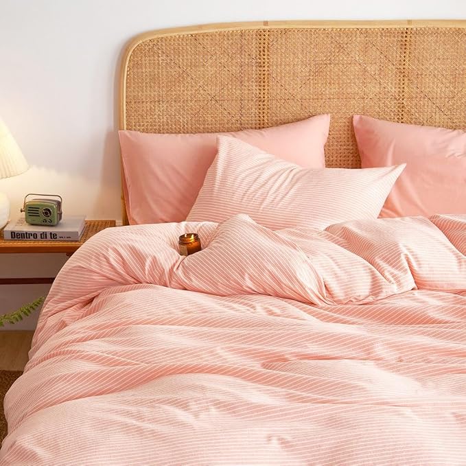 Wake In Cloud - Striped Cotton Duvet Cover Set, 100% Washed Cotton Textured Bedding Set, Ticking Stripe Pinstripe Farmhouse, 3 Pieces, Light Pink, Full Size