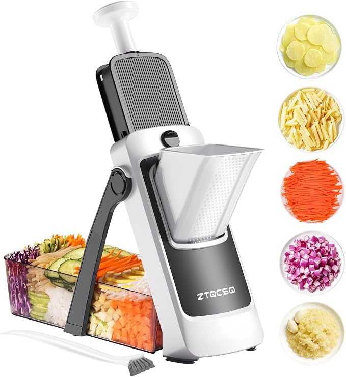 Vegetable Slicer with Adjustable Thickness, Easy to Clean Potato Mandoline Slicer with Container, Rapid Prep French Fry Veggie Cutter/Onion Slicer, Free Grater/Cleaning Brush (Gray)