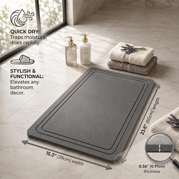Stone Bath Mat – Diatomaceous Earth Quick Drying Non-Slip Bathroom Mat – Absorbent Diatomite Shower Mat, Durable & Easy to Clean, Modern, 23.6" x 15.3", (Slate Grey - Linea)