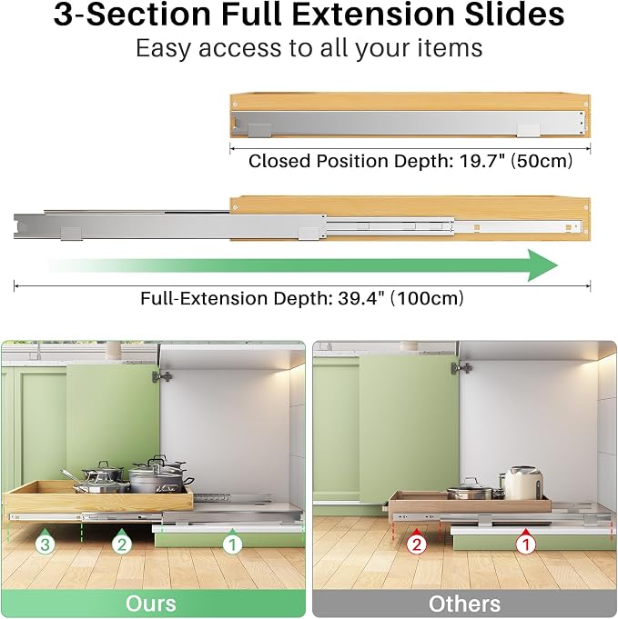 Pull Out Cabinet Organizer, Soft Close Wooden Slide Out Drawers for Pots and Pans, Full-extension Roll Out Shelves for Kitchen Cabinets, Pantry Organization, Bottom & Side Mount(26"W X 21"D x 3.4''H)