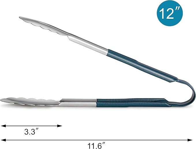 New Star Foodservice 12 Inch Utility Spring Tongs, Set of 12, Commercial Restaurant Grade Stainless Steel Tongs with Blue Vinyl Coated Handles