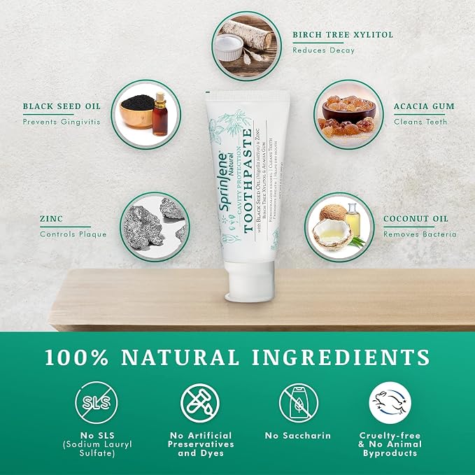 SprinJene Natural Fluoride Toothpaste – Natural Toothpaste for Gum Health & Cavity Protection – Patented Black Seed Oil & Zinc Formula for Healthy Teeth & Gums – Made in the USA (4 Pack)