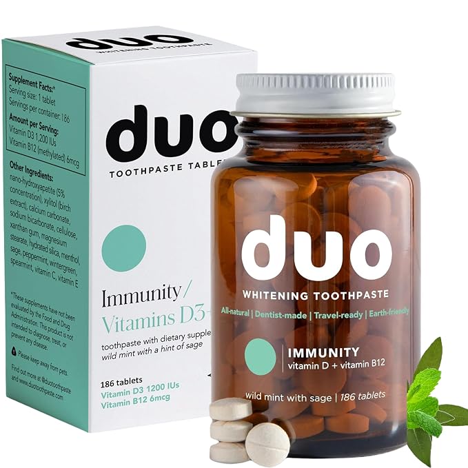 Duo Fluoride-Free Toothpaste Tablets with Nano-Hydroxyapatite, D3 & B12 | Fluoride-free toothpaste tablets, nano-hydroxyapatite, D3 & B12, wild mint and sage, mess-free travel oral care, 186 count