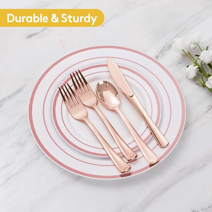Goodluck 600 Pieces Rose Gold Disposable Plates for 100 Guests, Plastic Plates for Party, Wedding, Dinnerware Set of 100 Dinner Plate, 100 Salad Plates, 100 Spoons, 100 Forks, 100 Knives, 100 Cups