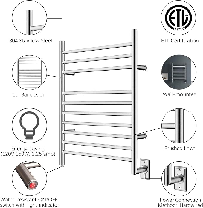 HEATGENE Towel Warmer Wall-Mounted Hardwired Heated Towel Rack Hot Towel Bar Brushed