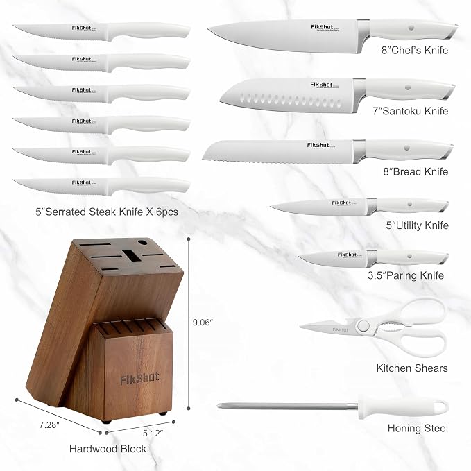 Fikshot 14-Piece Knife Set – German High Carbon Stainless Steel, White | Professional Chef Knives with Block & Sharpener, Dishwasher-Safe, Modern Kitchens, Ideal Gift for Chef & BBQ Festival