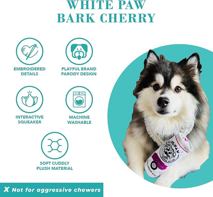 Haute Diggity Dog White Paw Bark Cherry, Plush Designer Dog Toys with Interactive Squeaker, Stimulating Pet Enrichment, Machine-Washable & Safe Materials for All Breeds, One Size
