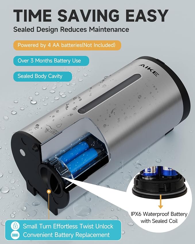 AIKE Automatic Liquid Soap Dispenser,25oz Capacity for Bathroom,Brushed | No-Drill and Screw Wall Mount Install Design for Space-Saving,4*AA batteries(Not Included) Ensure Long Standby,Model AK1205E