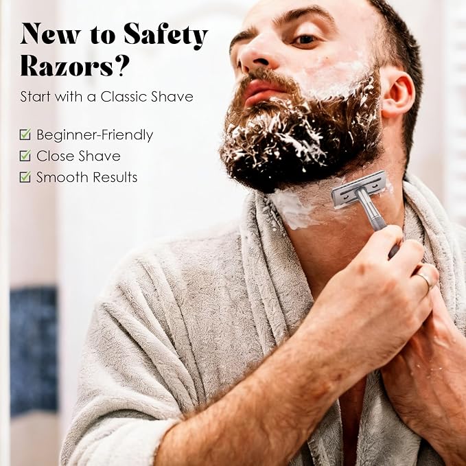 Double Edge Safety Razors for Men, Reusable Single Blade Razor | Stainless Steel Shaving Razor Kit, Includes 10 Blades & 1 Stand, Smooth Close Shave, Classic Grooming Tool, Gifts for Men