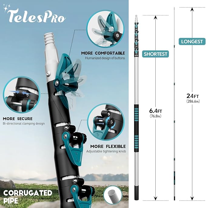 TelesPro 30 Foot High Reach Duster Kit with 6-24FT Extension Pole High Ceiling Dusting and Window Cleaning Kit with Telescopic Pole Window Washer&Squeegee,Cobweb Duster,Fan Duster and Feather Duster