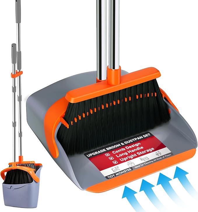 Upgraded Broom and Dustpan Set, 52" Long Handle Standing Combo with Self-Cleaning Teeth – Perfect for Pet Hair, Kitchen, Office, Home, Indoor & Outdoor Cleaning(Orange & Gray)