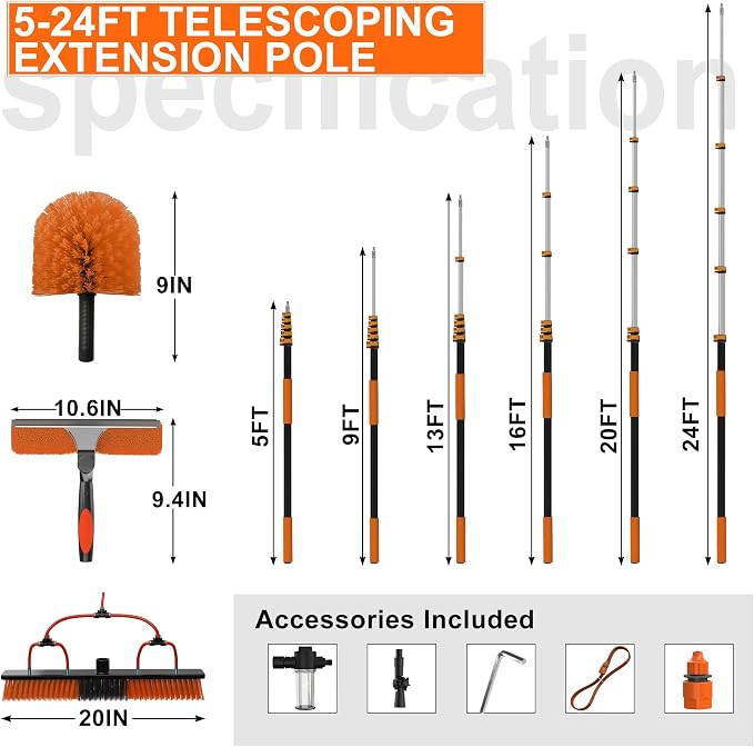 Buyplus 30FT Reach Solar Panel Cleaning Brush Kit with 5-24FT Telescoping Pole, Water Fed Window Cleaner Tool with 20" Brush, Soap Dispenser, Cobweb Duster, Squeegee for Roof, RV, Gutter, Deck,Orange