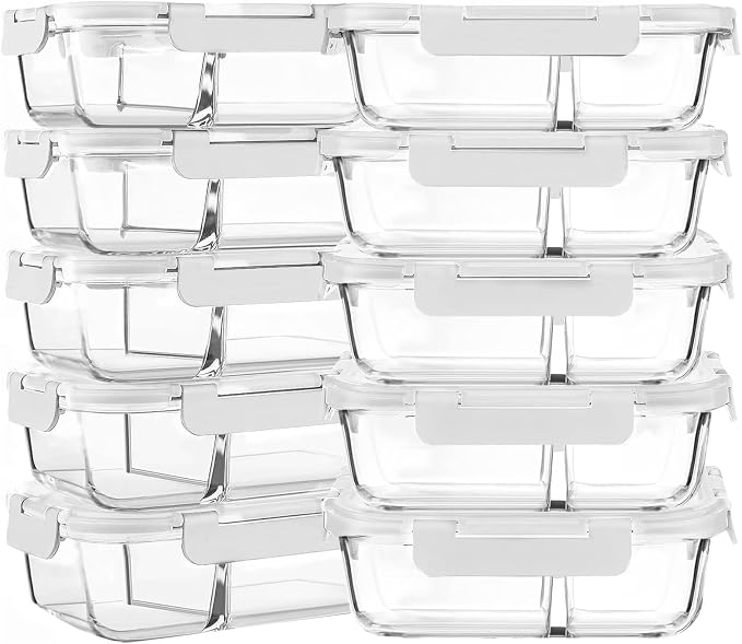 M MCIRCO [10-Pack,30 Oz Glass Meal Prep Containers 2 Compartments Airtight Lunch Bento Boxes with Lids, Glass Food Storage Containers, Microwave, Oven, Freezer and Dishwasher, White