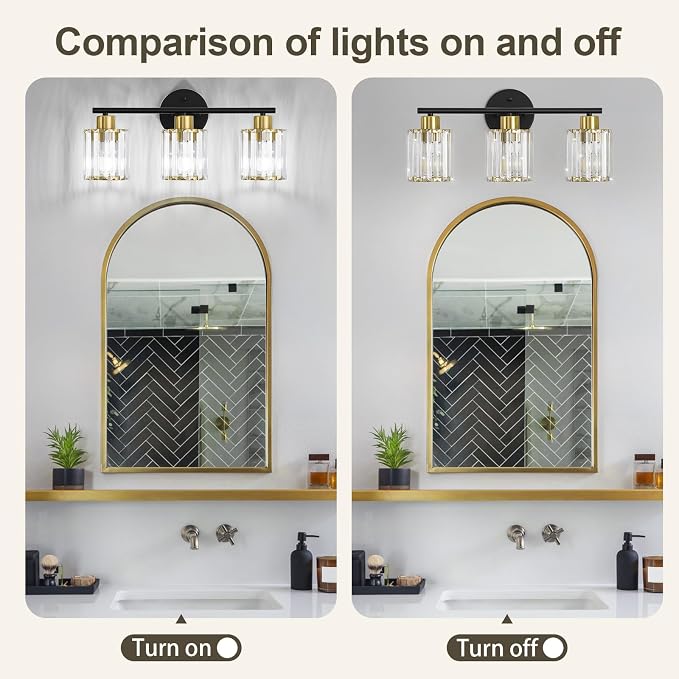 Crystal Bathroom Light Fixtures, Bathroom Lighting Fixtures Over Mirror, Modern Black Gold 3-Light Vanity Lights for Mirror, Restroom, Bedroom (Ceramic E26 Socket,Bulbs Not Include)