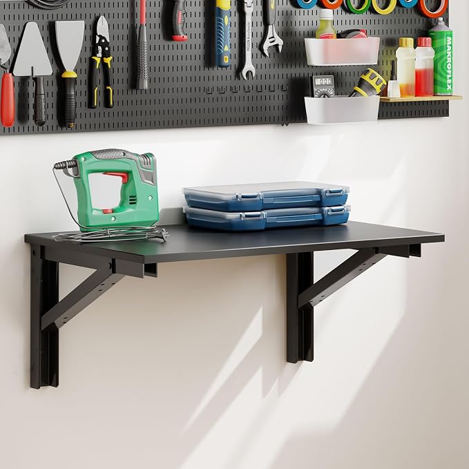 Need 36x20IN Wall Mounted Folding Table for Office Laundry Black | Black Frame Fold Down Wall Mount Desk Folding Wall Table for Small Apartment, Garage&Ironing Station