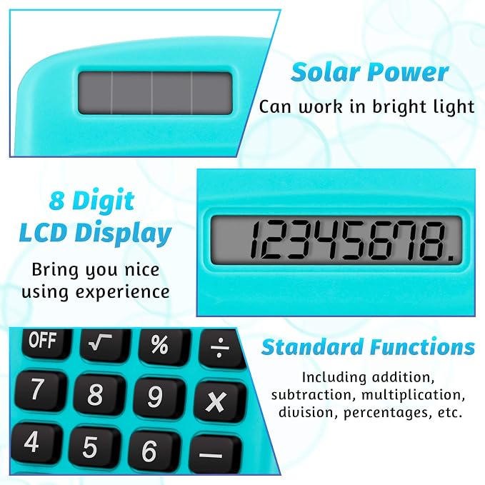 18 Pieces Solar Calculators Bulk - Mini Pocket Calculator for Students, Basic 8-Digit Dual Power (Solar & Battery), Colorful Classroom Supplies for Teachers, School Gifts for Students
