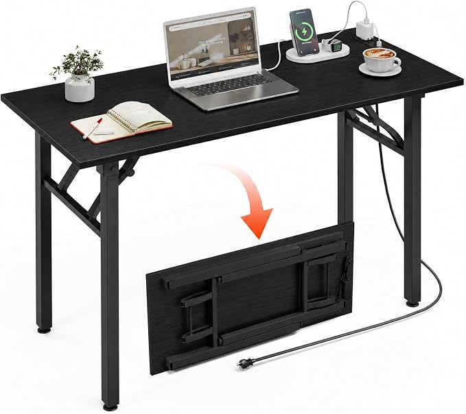 XBurmo Small Folding Desk Folding Table, No Assembly Foldable Desk Gaming Desk, 43.3-Inch Computer Table Workstation with 2 AC Outlets and 2 USB Ports for Bedroom and Home Office, Dark Oak