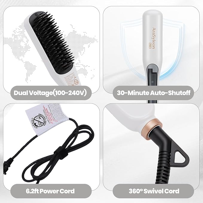 Steam Straightener Brush for Women Long Wavy Frizzy Hair, White | Dense ceramic bristles One pass straight 320-400℉ Anti-scald 5 temperature settings Dual voltage