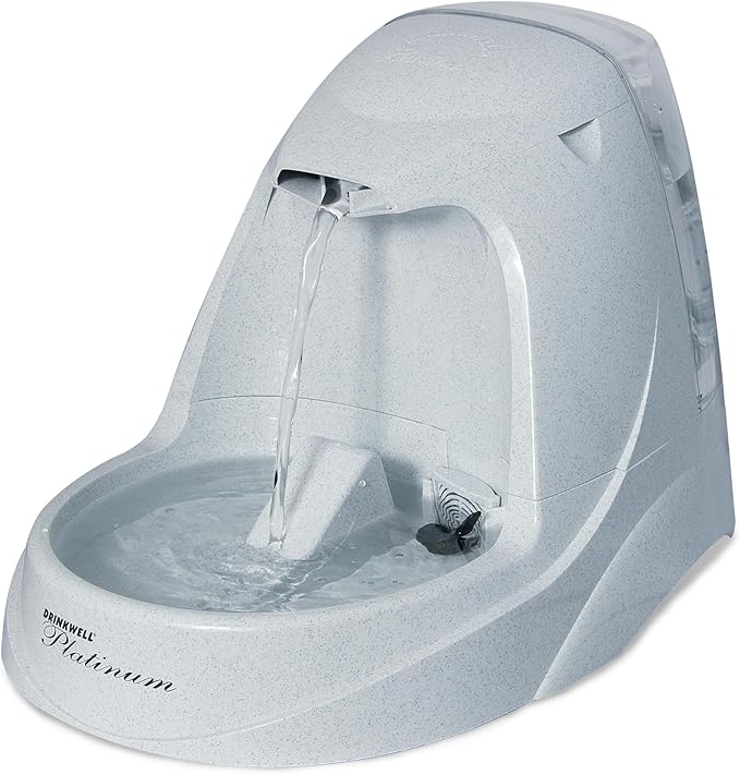 PetSafe Drinkwell Platinum Cat Water Fountain, 168 oz/5L, Grey | Free-Falling Stream Encourages Drinking, Snap-on Lid Prevents Removal, Includes Replaceable Carbon Filter
