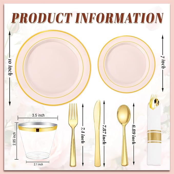 WDF Partyware 350PCS Pink Disposable Plates - Pink Plastic Plates 50Guests Plastic Dinnerware Sets with Rolled Napkins for Wedding/Birthday/Baby shower