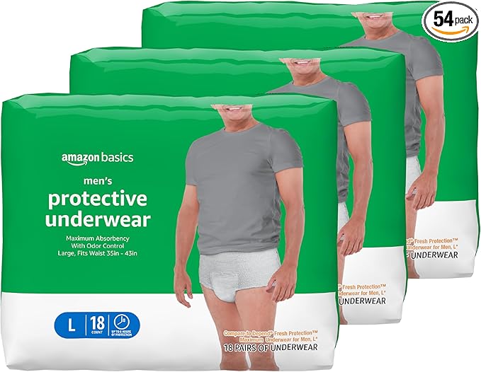 Amazon Basics Maximum Absorbency Incontinence Underwear for Men with Leak Protection and Odor Control, Large, 54 Count (3 Packs of 18)