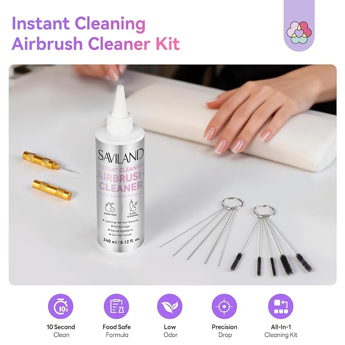 SAVILAND Airbrush Cleaner Kit: 10S Instant 240ml Airbrush Cleaning Kit Low Odor Acetone Free with Cleaning Brush & Needle Nozzle Reamer Full Tool Set for Clog Removal Nail Art Airbrush Pro